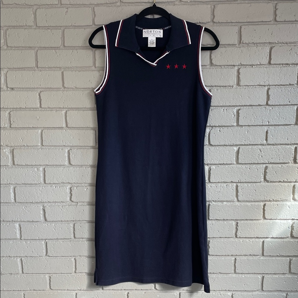 Navy Sleeveless Collared Midi Dress with Red Star Accents